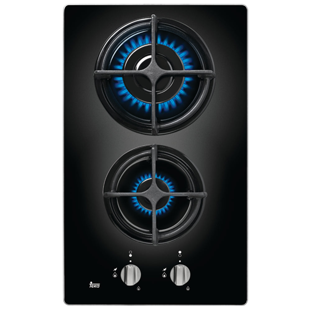 Газов плот върху темперирано стъкло с две горелки, фронтално управление и чугунени поставки – онлайн магазин за обзавеждане KERANOVA