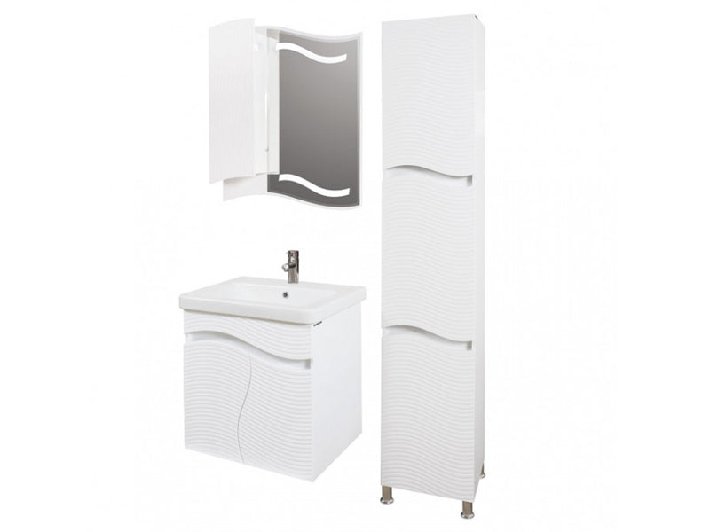 Мебел Чеби 60 см. бял PVC шкаф с порцеланова мивка, огледален шкаф с LED и колонен шкаф – онлайн магазин KERANOVA
