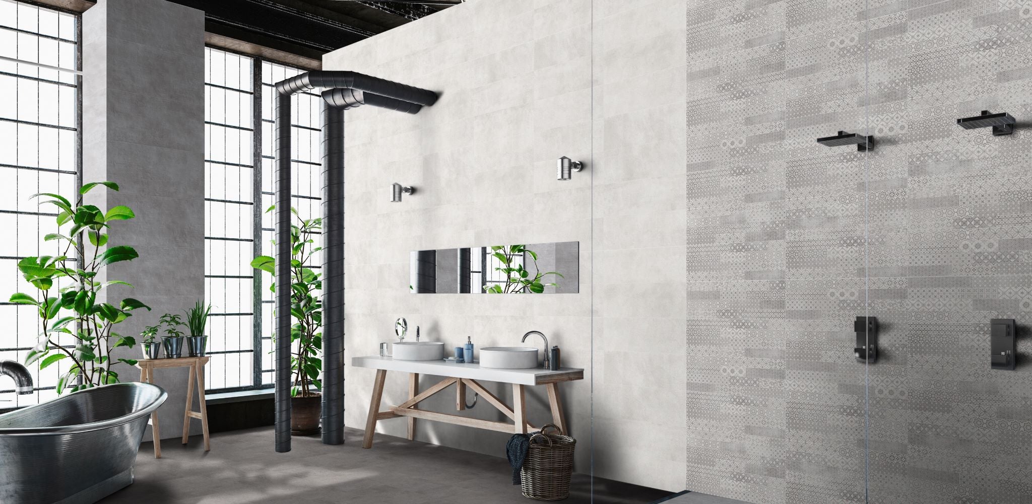 Баня City 25x75 - Keros Ceramica: модерни 25x75 плочки в бяла и текстурирана визия за елегантна баня от онлайн магазин KERANOVA