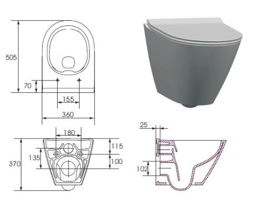 комплект CITY без ринг и GROHE с два бутона - конзолна тоалетна City без ринг с ултра тънка седалка, технически размери за онлайн магазин KERANOVA