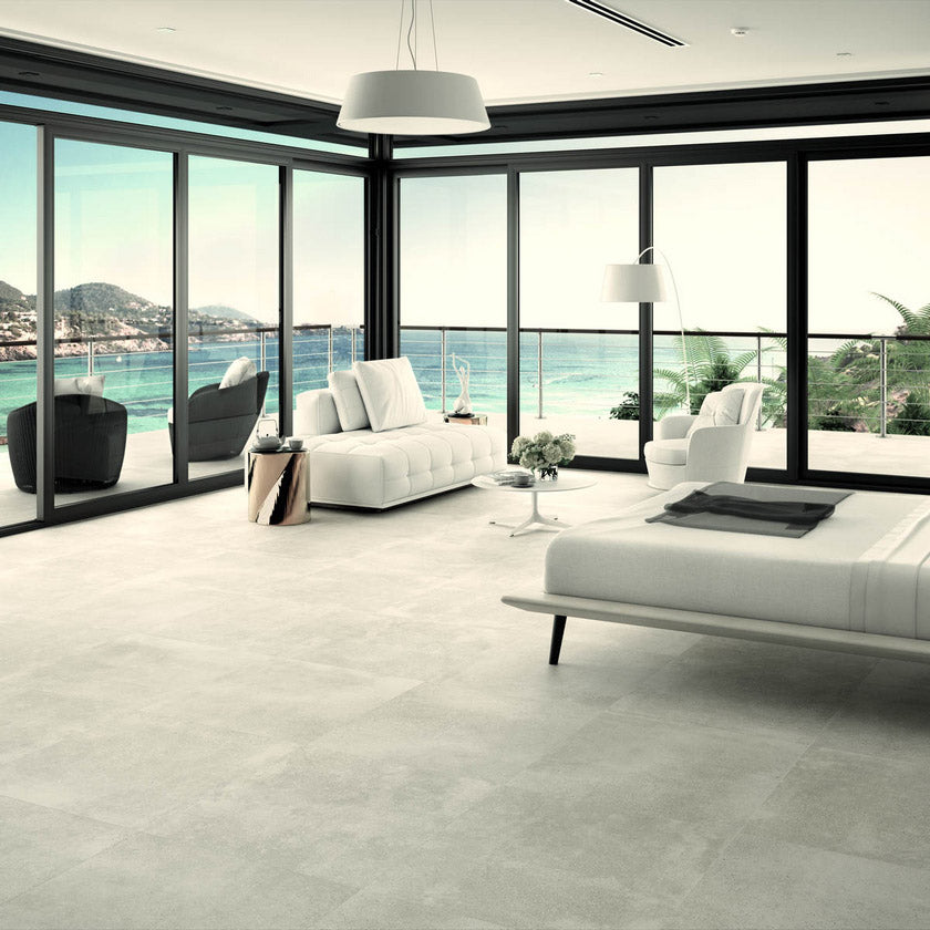 Claire 75x75 и 60x120 - Keratile матов калиброван гранитогрес в модерен хол с изглед към море, онлайн магазин KERANOVA