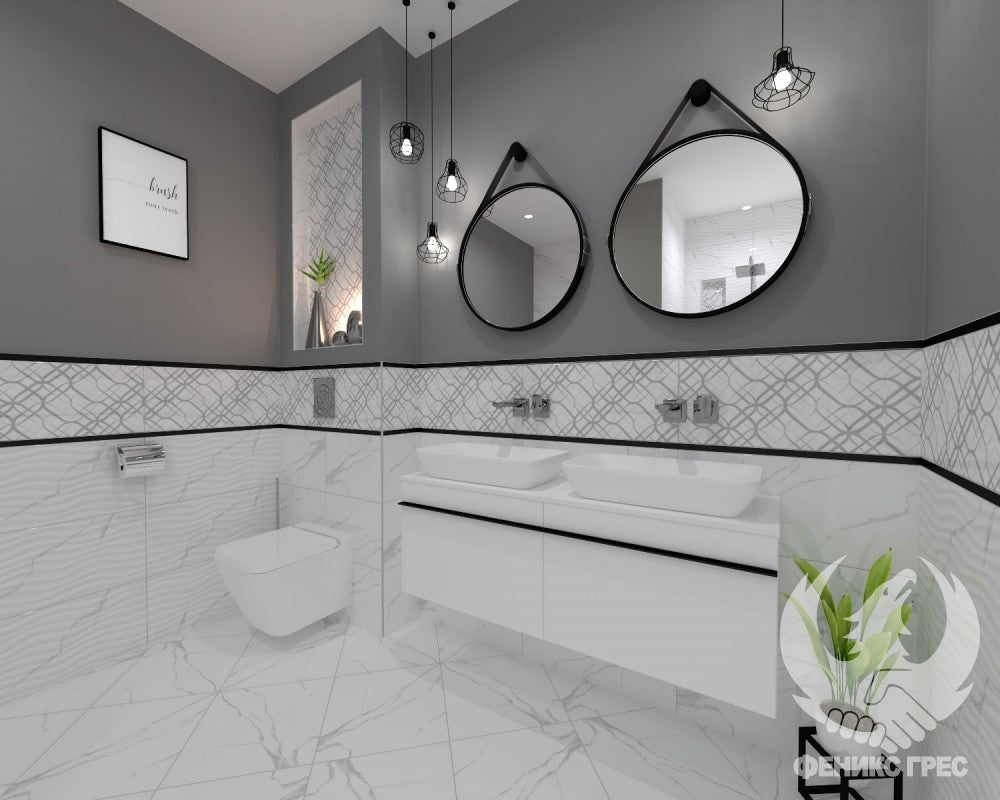 Баня Classic Carrara 30x60 - Anka Seramik: модерна бяла и сива баня с декори Classic Carrara и сребристи мотиви, онлайн магазин KERANOVA