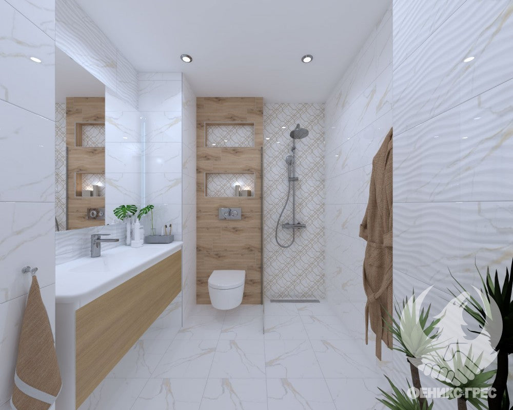Баня Classic Carrara Gold 30x60 - Anka Seramik в светла елегантна баня с бяло, дървесен декор и златни акценти – онлайн магазин KERANOVA