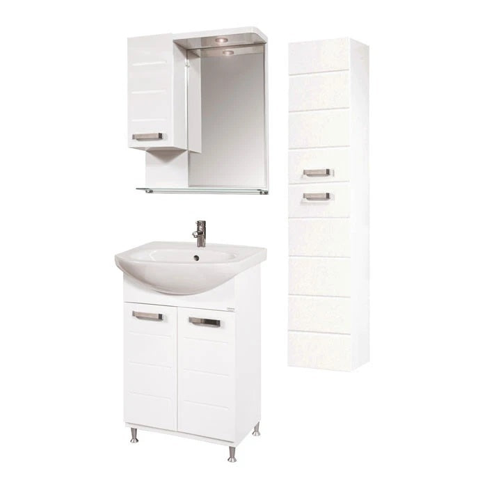 Комплект Класика 55 см бял водоустойчив ПВЦ шкаф с порцеланова мивка, огледален шкаф с LED и висок шкаф - KERANOVA онлайн магазин