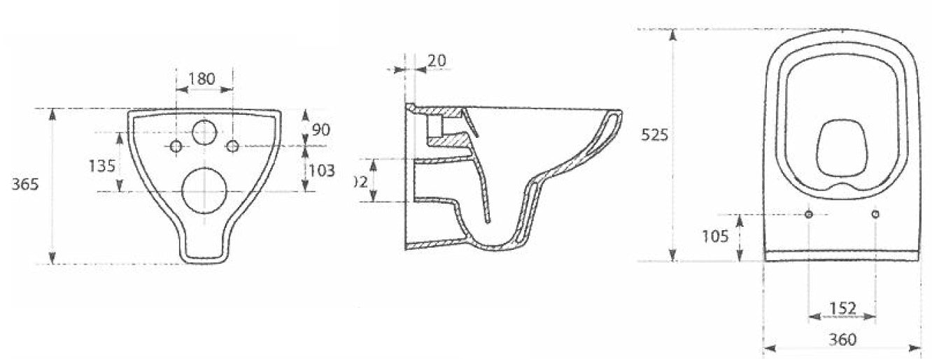 Тоалетна без ръб Colour Clean ON Cersanit - технически чертеж и размери на снежно бяла тоалетна чиния с комплект седалка, KERANOVA