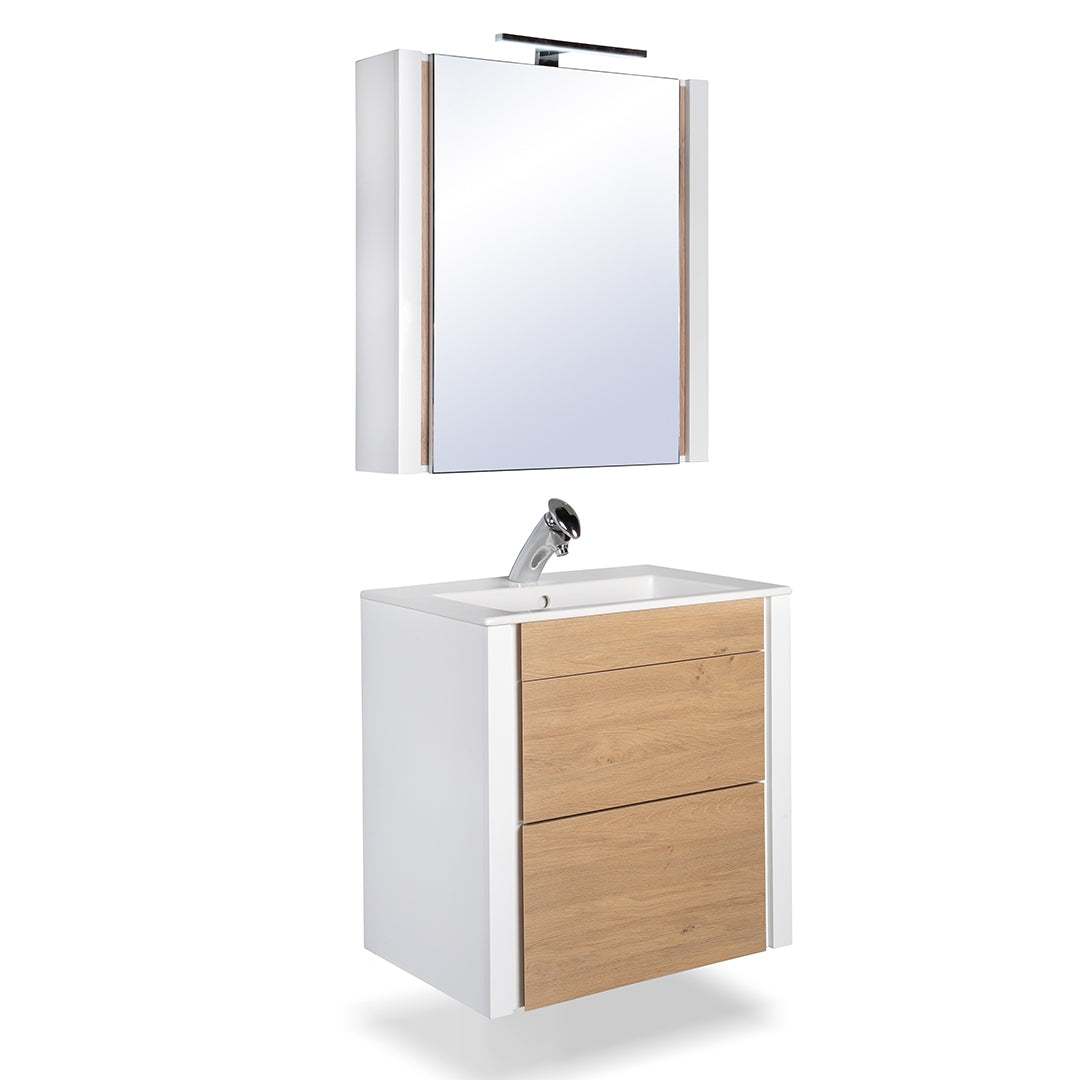 Мебел Компакт 65 бял шкаф с дървени фронтове, плот с мивка и огледален шкаф за баня - онлайн магазин KERANOVA