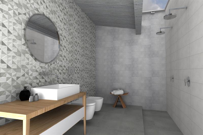 Баня Darlene 20х60 см - модерен сив баня интериор с геометрични плочки, мивка на дървен плот и двоен душ, онлайн магазин KERANOVA