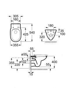 Комплект Active + Debba Rimless, Round - Roca технически чертеж с размери за вграждане и монтаж - KERANOVA онлайн магазин