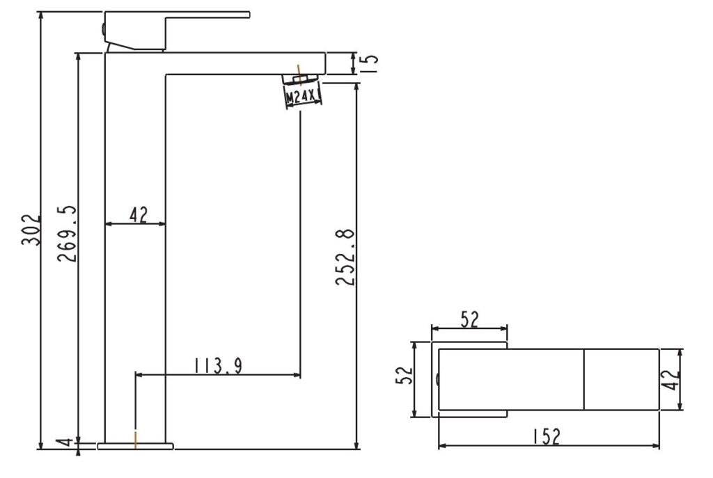 Комплект Delos Nero - Praxis Rubinetterie: технически чертеж и размери на висок смесител Delos NERO за мивка, черен мат, онлайн магазин KERANOVA