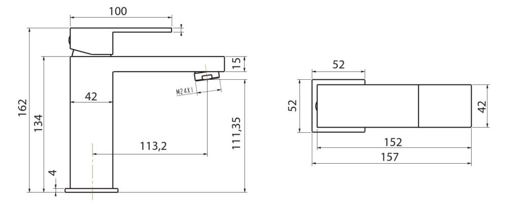 Комплект Delos Nero - Praxis Rubinetterie черен мат смесител за мивка с квадратен дизайн технически чертеж KERANOVA онлайн магазин
