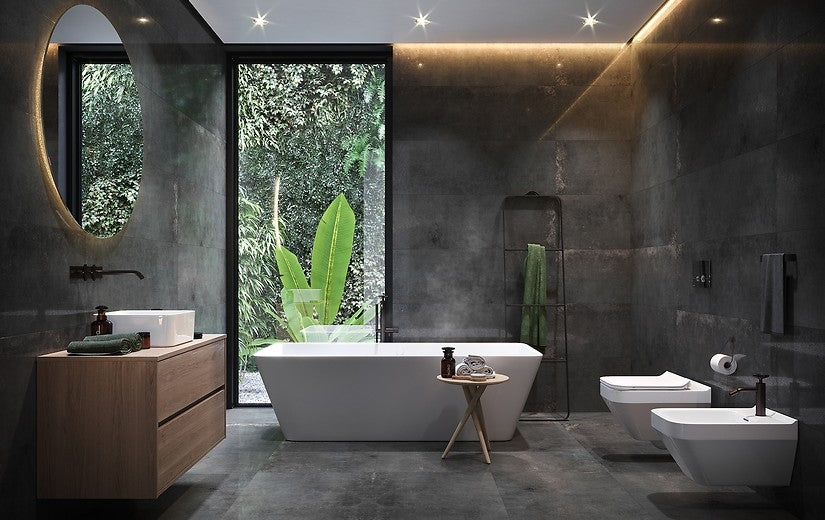 Серия Dern 60x120 Cersanit матиран гранитогрес с метализиран ефект в модерен баня дизайн от онлайн магазин за обзавеждане за бани KERANOVA