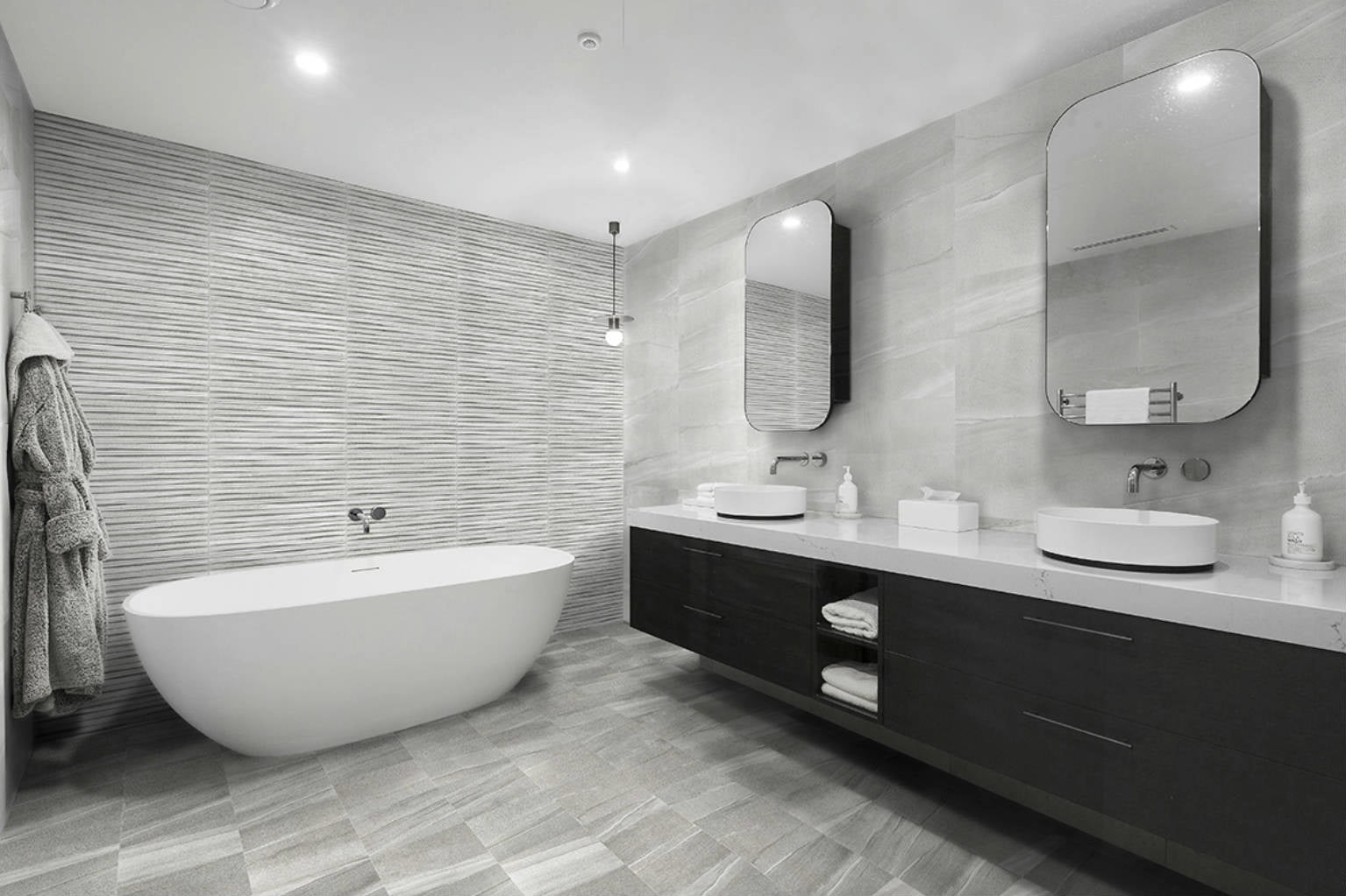 Баня Desert 20x60 - Keros Ceramica: модерна баня с бели вани и сиви плочки от колекция Desert 20x60 за онлайн магазин KERANOVA