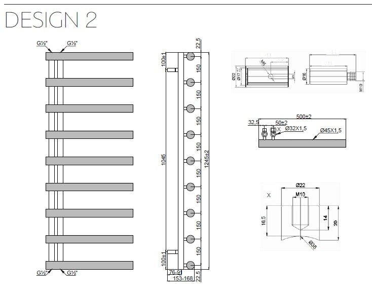 Хромирана лира Design 2 50х124,5 см. - технически чертеж и размери за баня, 9 тръби, 5 см междуосие, мощност 363W - KERANOVA онлайн магазин