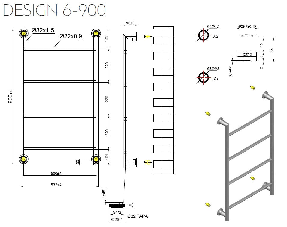 Черна лира Design 6 56х90 и 56х120 см. - технически чертеж и 3D изглед на стоманена лира за баня, KERANOVA онлайн магазин