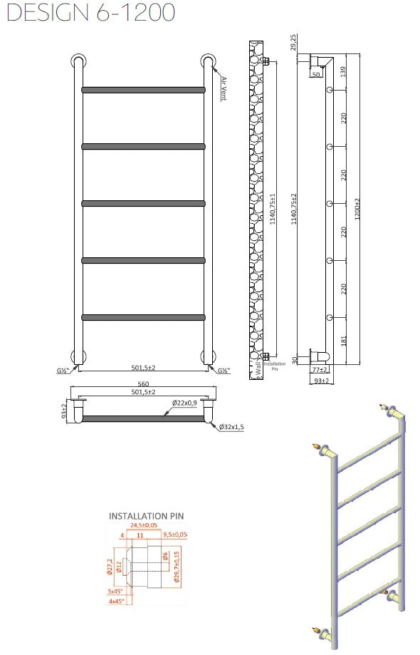 Черна лира Design 6 56х90 и 56х120 см. - черна стоманена лира за баня, технически чертеж и размери, KERANOVA онлайн магазин