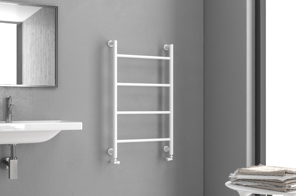 Лира Design 6 56х90 и 56х120 см. бяла стоманена лира за баня, 4-5 тръби, мощност 225–280W, онлайн магазин за обзавеждане за бани KERANOVA