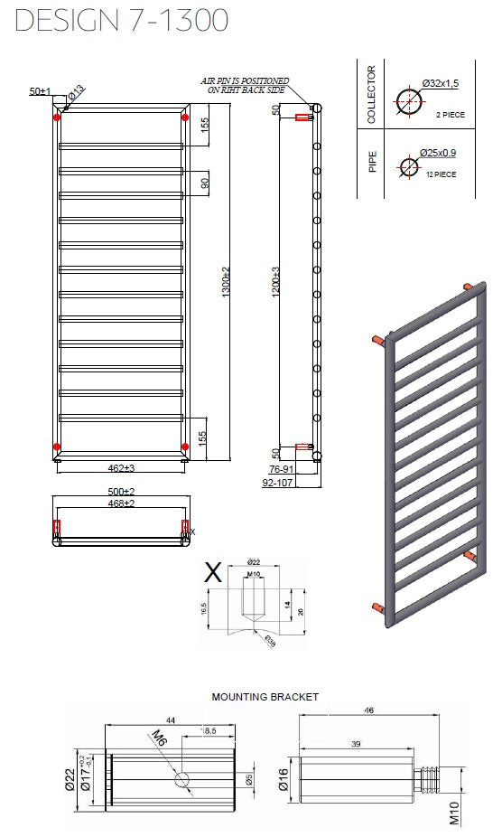 Хромирана лира Design 7 50х90 и 50х130 см. технически чертеж и 3D изглед за онлайн магазин KERANOVA