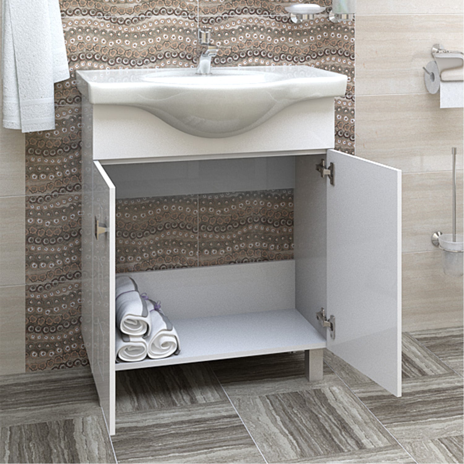 Шкаф с мивка Дея 70 см. бял PVC шкаф с мивка Fayans Larisa 70, две врати, плавно затваряне — KERANOVA онлайн магазин