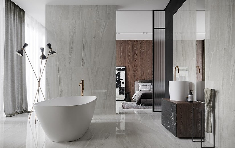 Distance Grey Plished 60x120 Cersanit полиран гранитогрес в модерна баня от онлайн магазин за обзавеждане за бани KERANOVA