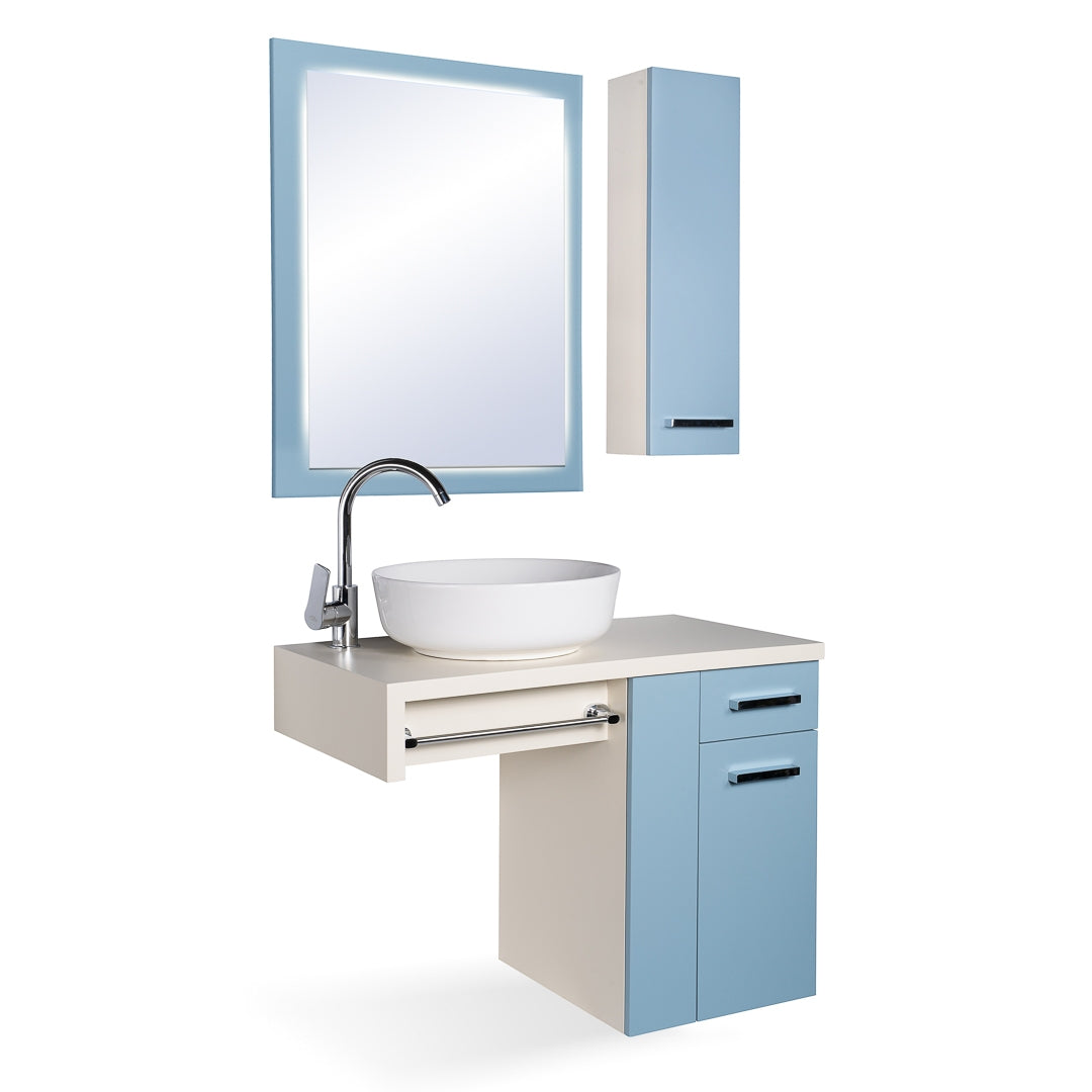 Мебел Дива 85 см. синьо-бял PVC комплект за баня с огледало, вградено LED осветление и долно шкафче - KERANOVA