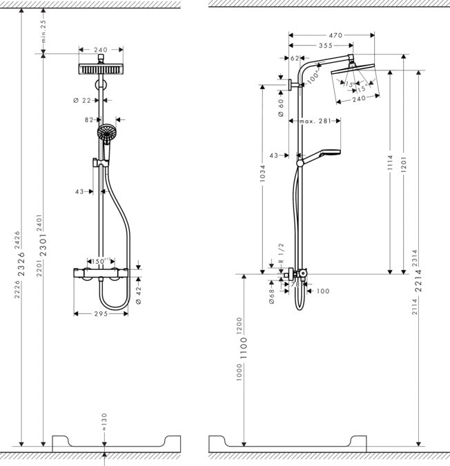 HANSGROHE Душ система Crometta S 240 - технически чертеж и размери за онлайн магазин KERANOVA