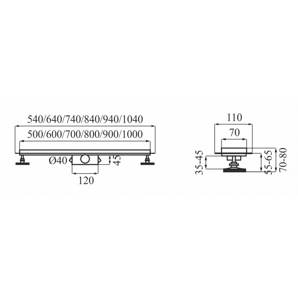 Duplex Next Chrome за плочка или плътна решетка 50,60,70,80,90 и 100 см. линейен сифон, технически размери, KERANOVA