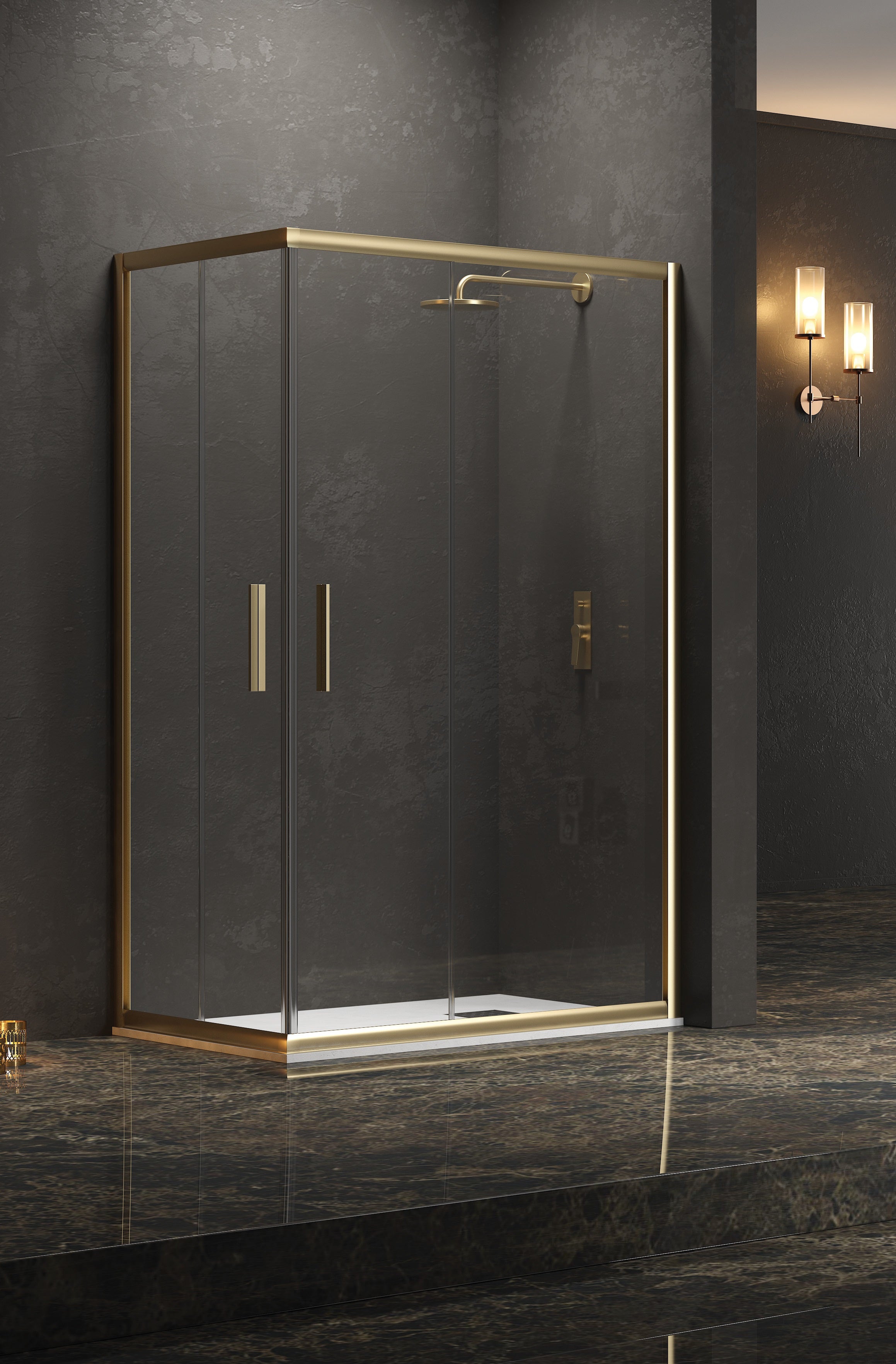 Асиметрична душ кабина Efe 100 Gold - 110x140 см. - златен обков от KERANOVA, прозрачно 5мм закалено стъкло, златен мат профил, двойни ролки Easy Clean