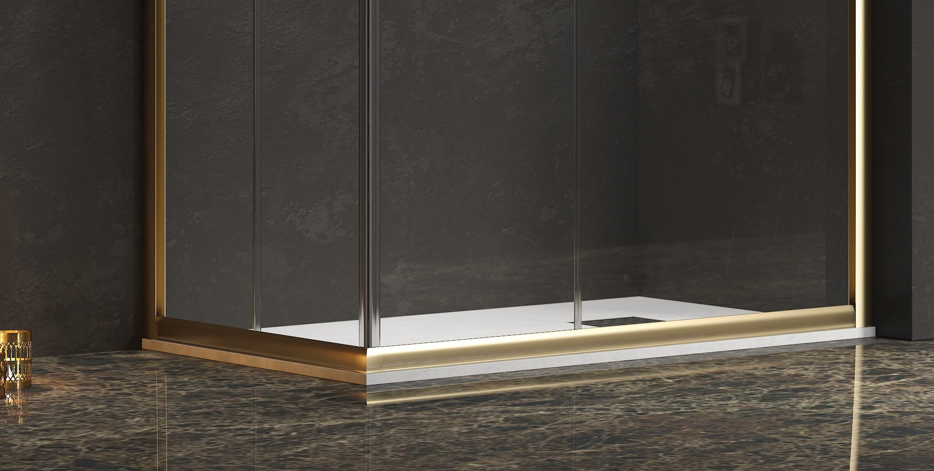 Асиметрична душ кабина Efe 100 Gold - 120x140 см. - златен обков от KERANOVA, прозрачно 5 мм закалено стъкло, златен мат профил, височина 190 см