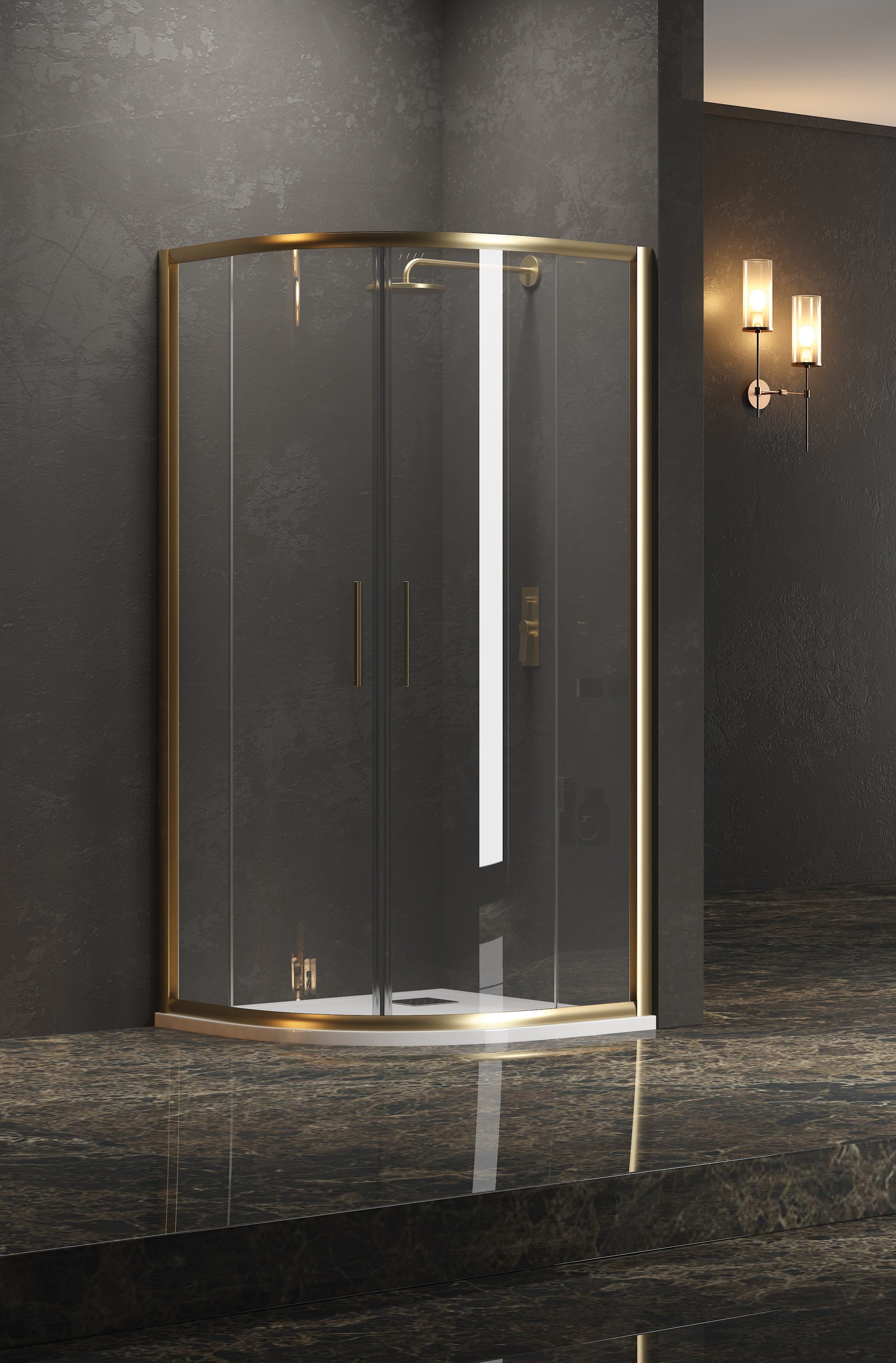 Душ кабина Efe 200 Gold - 80x80 см. - златен обков, овална с 5 мм прозрачно закалено стъкло, магнитни уплътнения, височина 190 см - KERANOVA