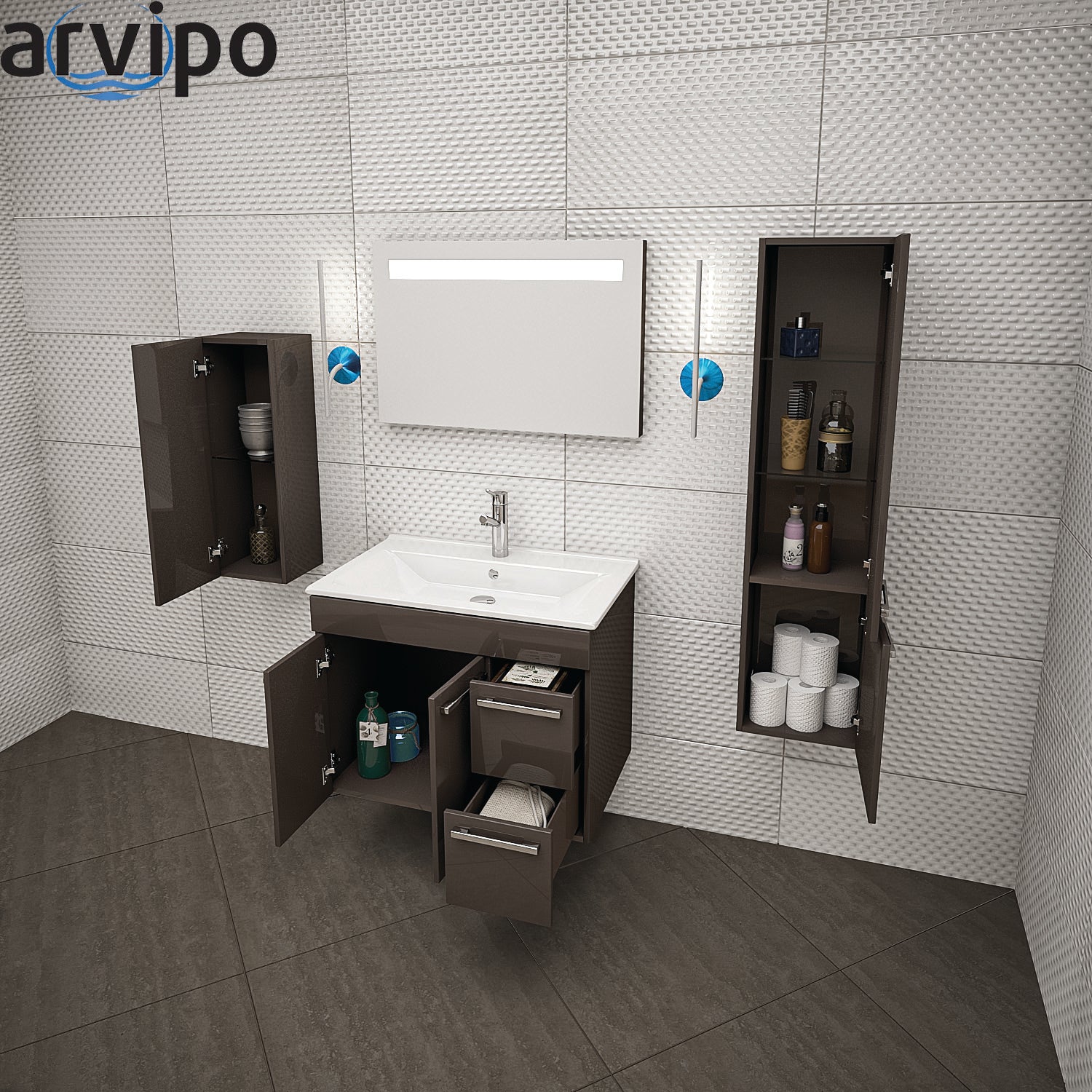 Серия Elegance 75 PVC шкаф за баня 75 см с мивка, LED огледало и колони, KERANOVA онлайн магазин за обзавеждане