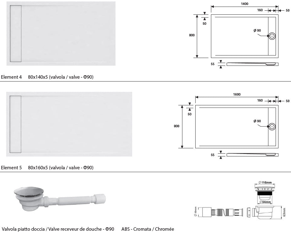 Душ корито със скрит сифон Element акрилно поддушово корито за вграждане 80x140/80x160 mm, клапан Ø90, онлайн магазин за обзавеждане за бани KERANOVA