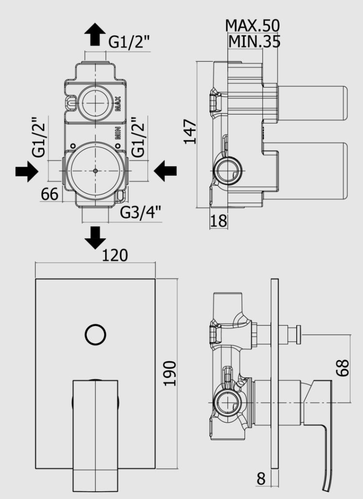 Elle Level Paffoni промо пакет - технически чертеж на вграден смесител за душ и мивка за KERANOVA онлайн магазин