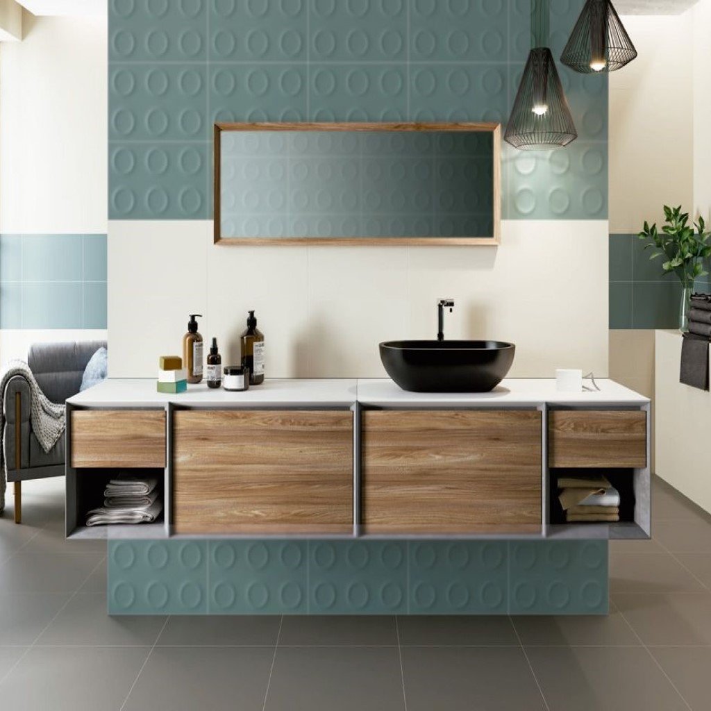 Баня Elodie 25x40 - Cristacer модерна баня с матирани пастелни плочки 25x40, стенен дизайн за онлайн магазин KERANOVA