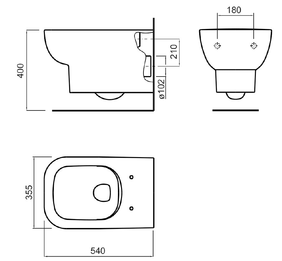 Комплект Eco Compact + Emilia Rimless - Fayans: технически чертеж и размери биде 540x355x400 мм за онлайн магазин KERANOVA