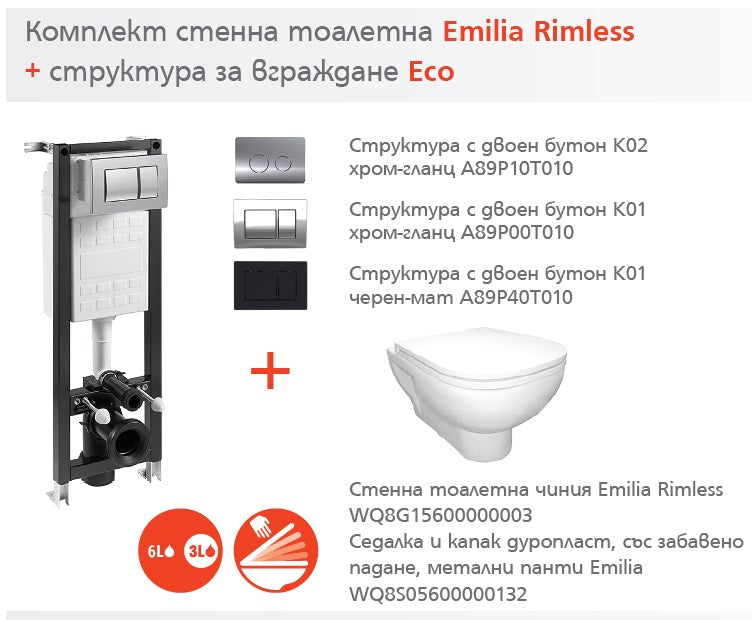 Комплект Eco Compact + Emilia Rimless - Fayans промо комплект вградено Eco Compact структура и Emilia Rimless тоалетна за KERANOVA онлайн магазин