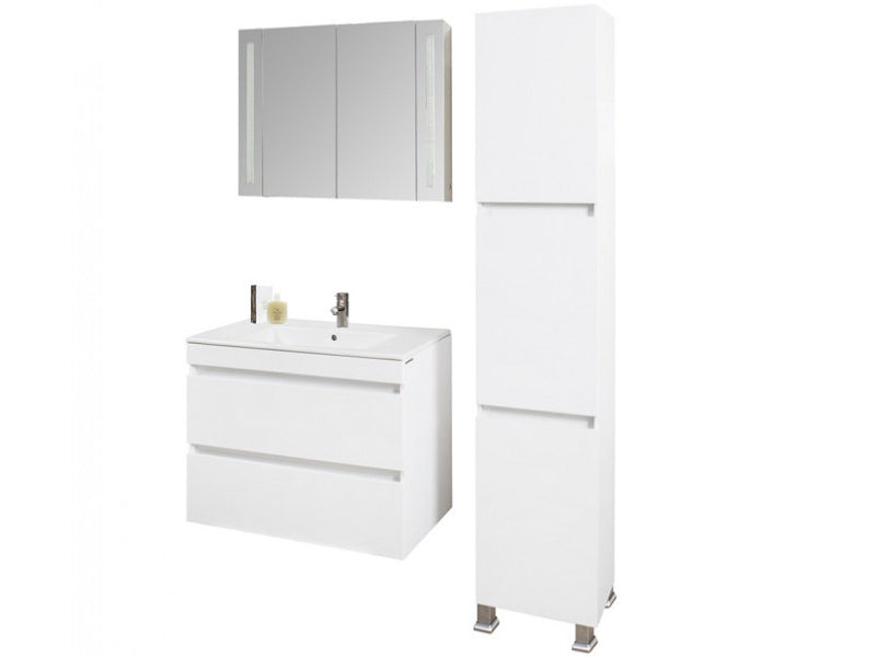 Мебел Емили 80 см. бял водоустойчив PVC шкаф с мивка, огледален шкаф с LED и стенен колона - онлайн магазин KERANOVA