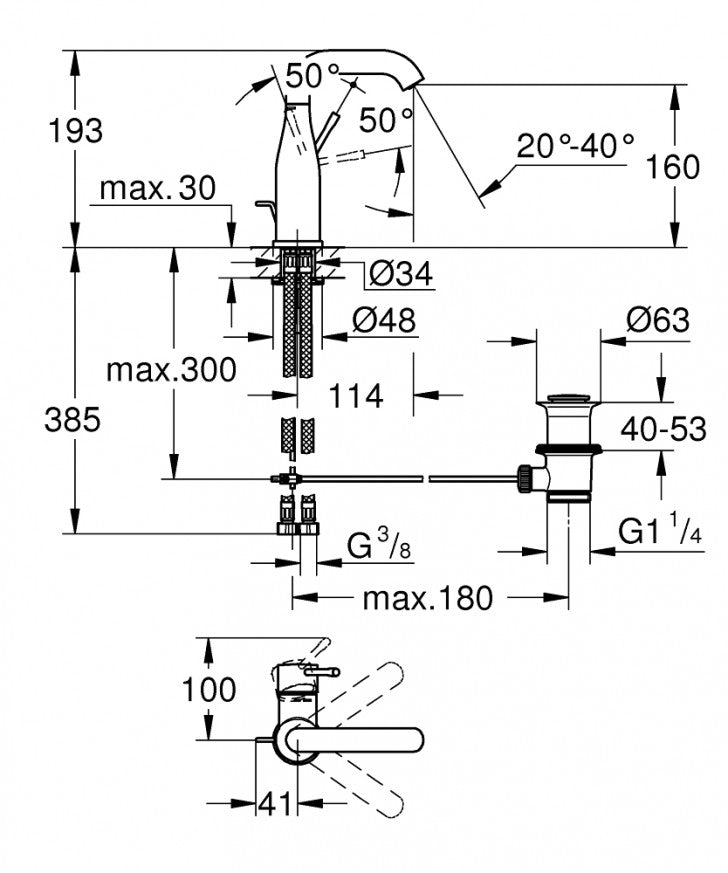 Grohe Essence промо пакет 3 в 1 технически чертеж с размери и монтажни детайли за умивалник за онлайн магазин KERANOVA