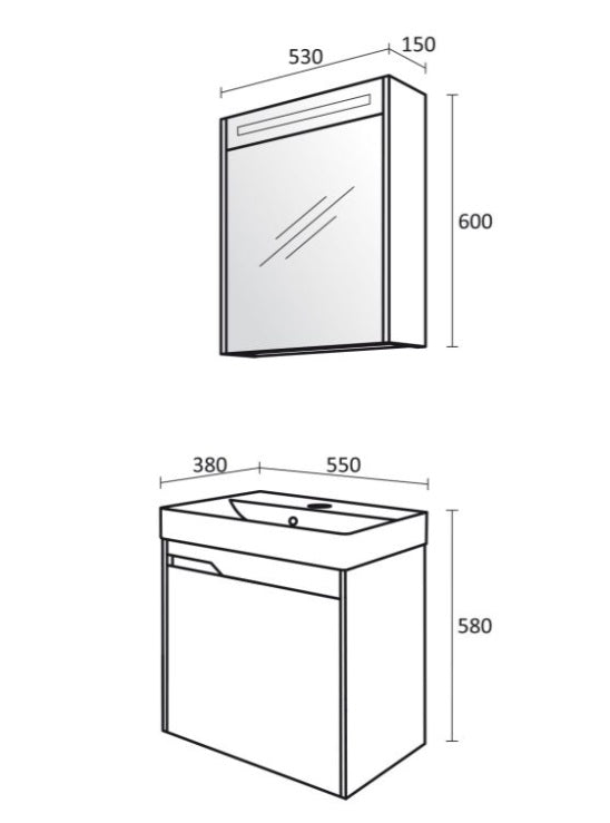 Серия Етоша 55 см. бял PVC горен шкаф с огледало и LED + долен шкаф с мивка Esvit 55 онлайн магазин за обзавеждане KERANOVA