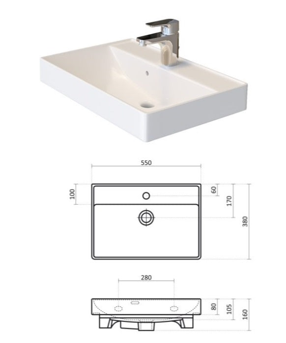 Серия Етоша 55 см. бяла мивка Esvit 55 с асиметричен умивалник и технически размери за баня - онлайн магазин за обзавеждане KERANOVA