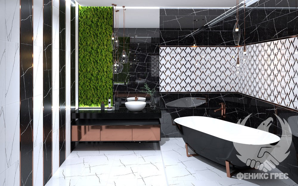 Баня Eva 30x60 - Anka Seramik: елегантна баня с тъмни мраморни плочки, бяла вана и зелена растителна стена в онлайн магазин KERANOVA