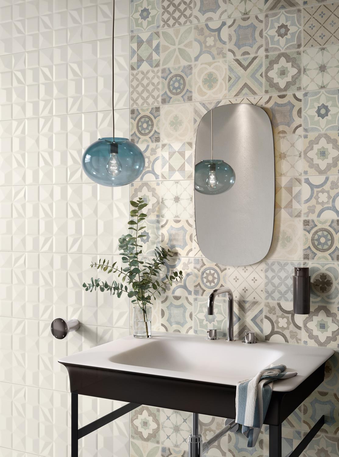 Баня Even 35х100 см. – модерни големи плочки Even в онлайн магазин за обзавеждане за бани KERANOVA, минималистична баня с орнамент и бял плот