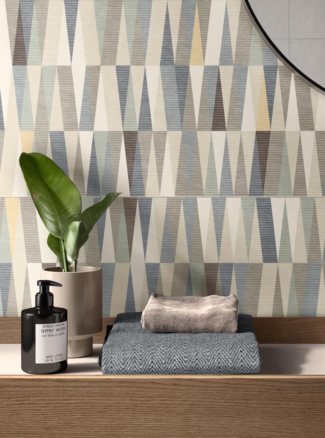 Баня Even 35х100 см. минималистични големи плочки Keranova в пастелни триъгълни мотиви в баня, онлайн магазин за обзавеждане KERANOVA