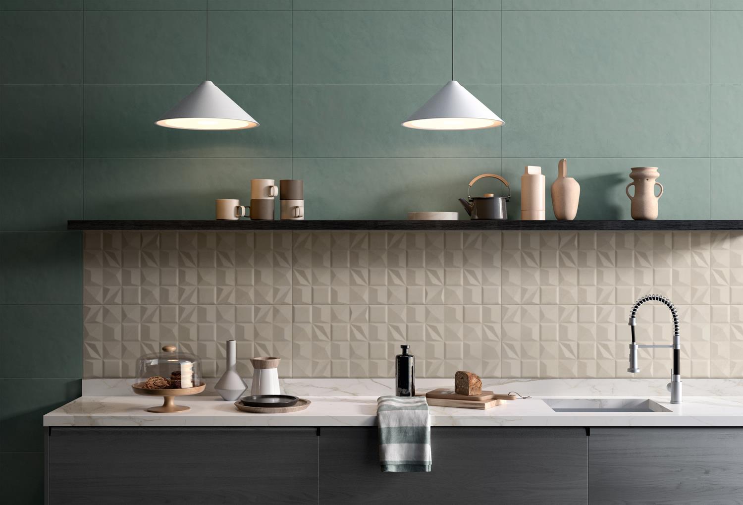 Баня Even 35х100 см. - модерен баня дизайн с големи плочки Even 35x100 от KERANOVA, минималистична зелена и бежова композиция