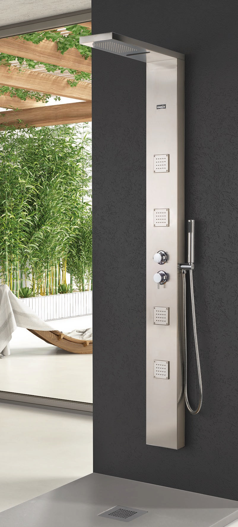 Душ панел Eyre - Oasis Star /Испания/ от алуминий, хидромасажни дюзи, каскада и ръчен душ - онлайн магазин за обзавеждане за бани KERANOVA