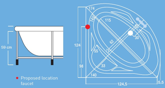 Favorita 130х130 см. хидромасажна вана от снежно бял акрил, диаграма с размери и предложено местоположение на смесителя — KERANOVA онлайн магазин