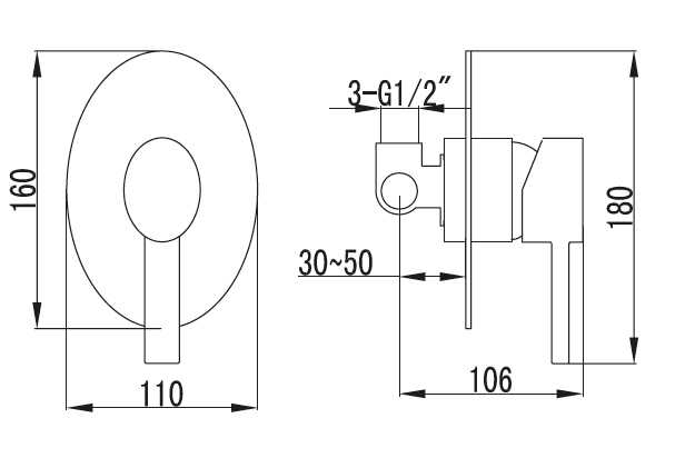 Вграден сет Sinar 1 - схема и размери вграден смесител с душ глава за онлайн магазин KERANOVA