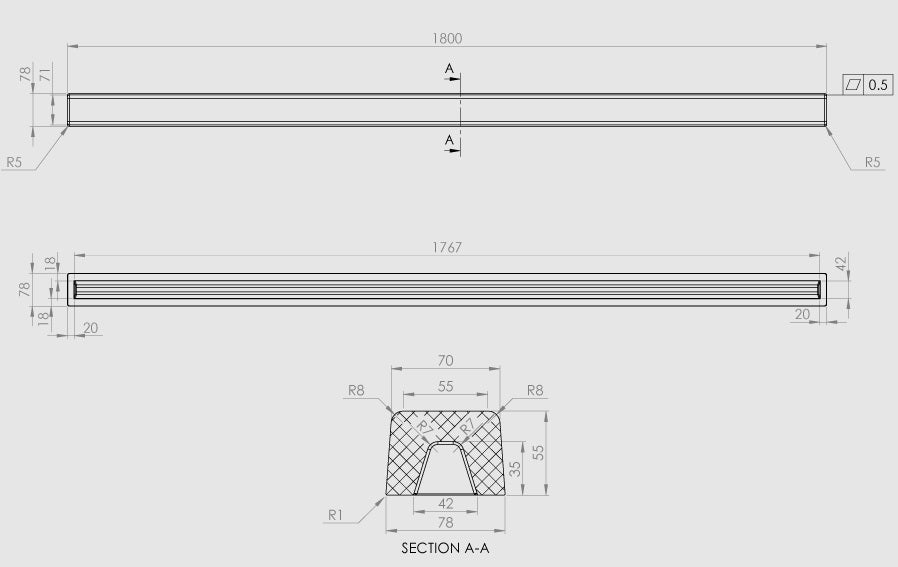 Праг за душ пространство - прав 80 до 180 см. полимермраморен праг 180 см технически чертеж KERANOVA онлайн магазин