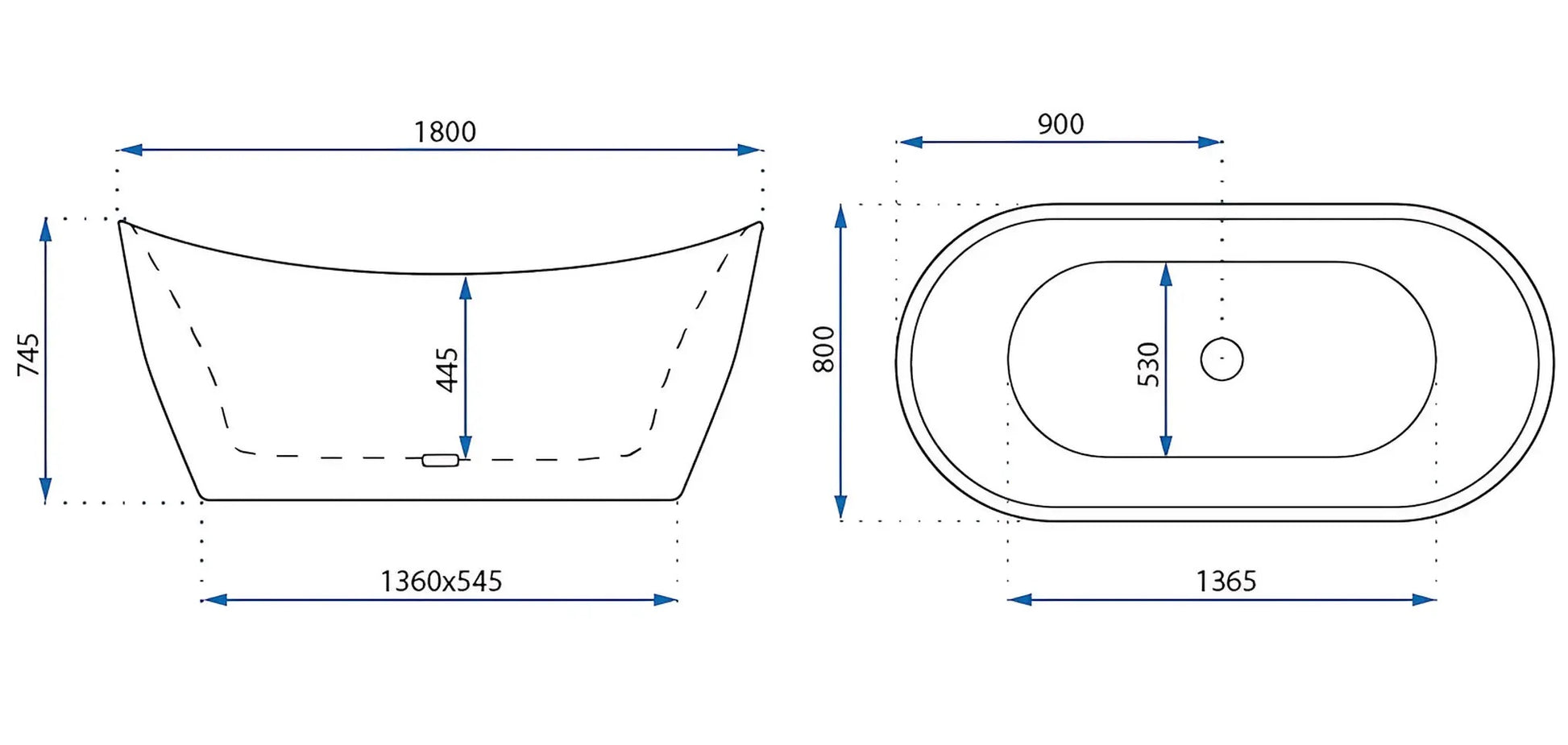 Свободностояща вана Ferrano Slim 152x73, 160x80, 170x80 и 180x80 см. с размери и елегантен овален дизайн