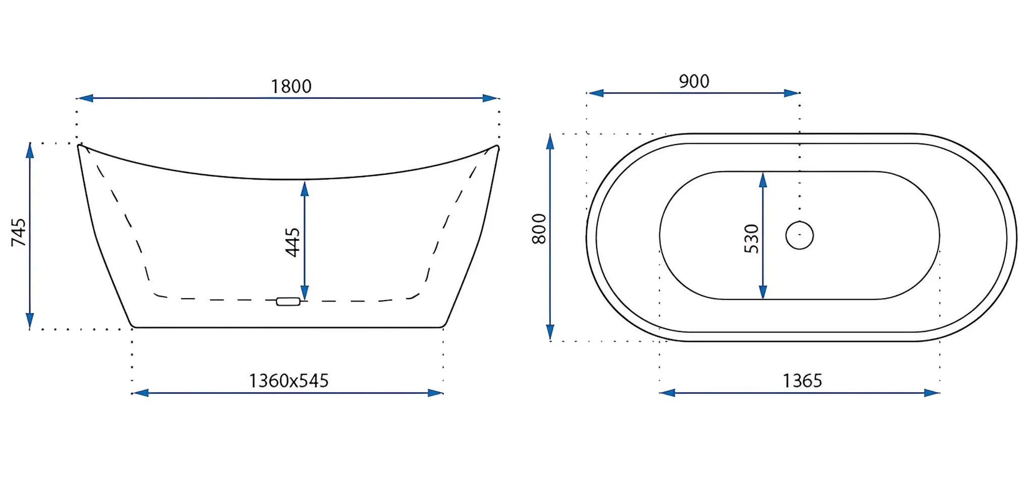 Свободностояща вана Ferrano Slim 152x73, 160x80, 170x80 и 180x80 см. с размери и елегантен овален дизайн