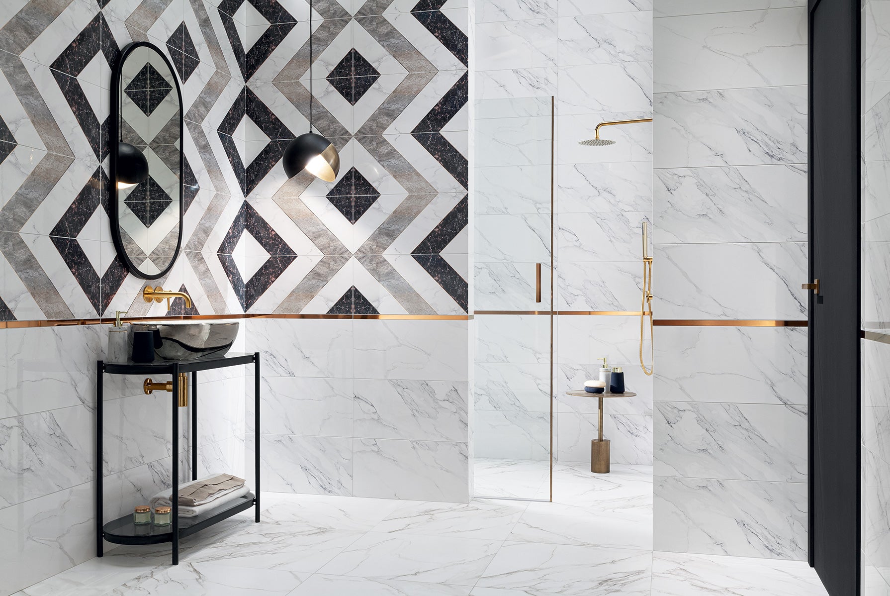 Ferro 29.8x59.8 Ceramika Domino бели и графитени плочки в модерна баня от KERANOVA